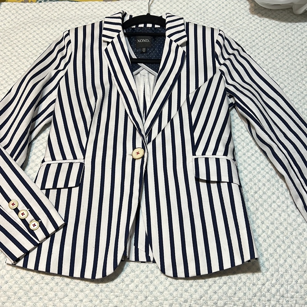 XOXO Nautical Navy White Striped Juniors Blazer XS NWOT